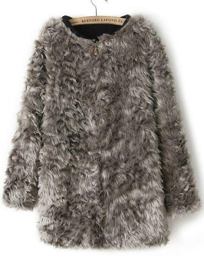 Shein Grey Long Sleeve Zipper Faux Fur Coat