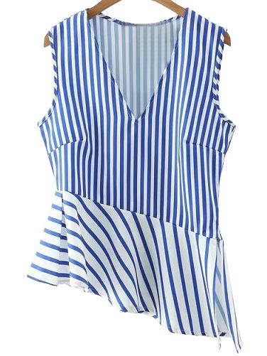 Shein Blue Stripe Split Side Asymmetrical Blouse