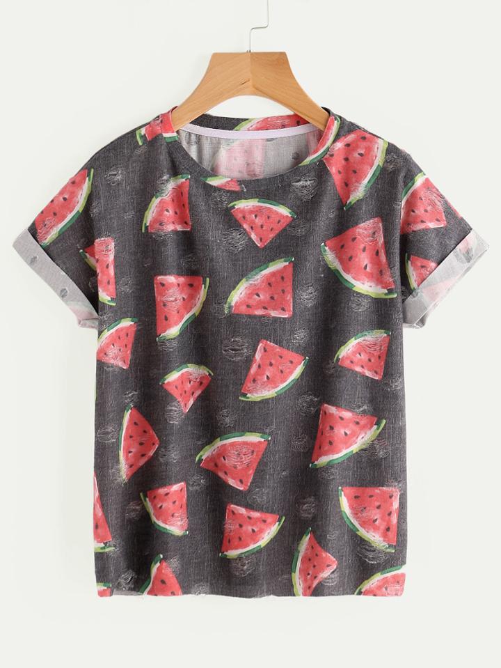 Shein Allover Watermelon Print Short Sleeve Tee