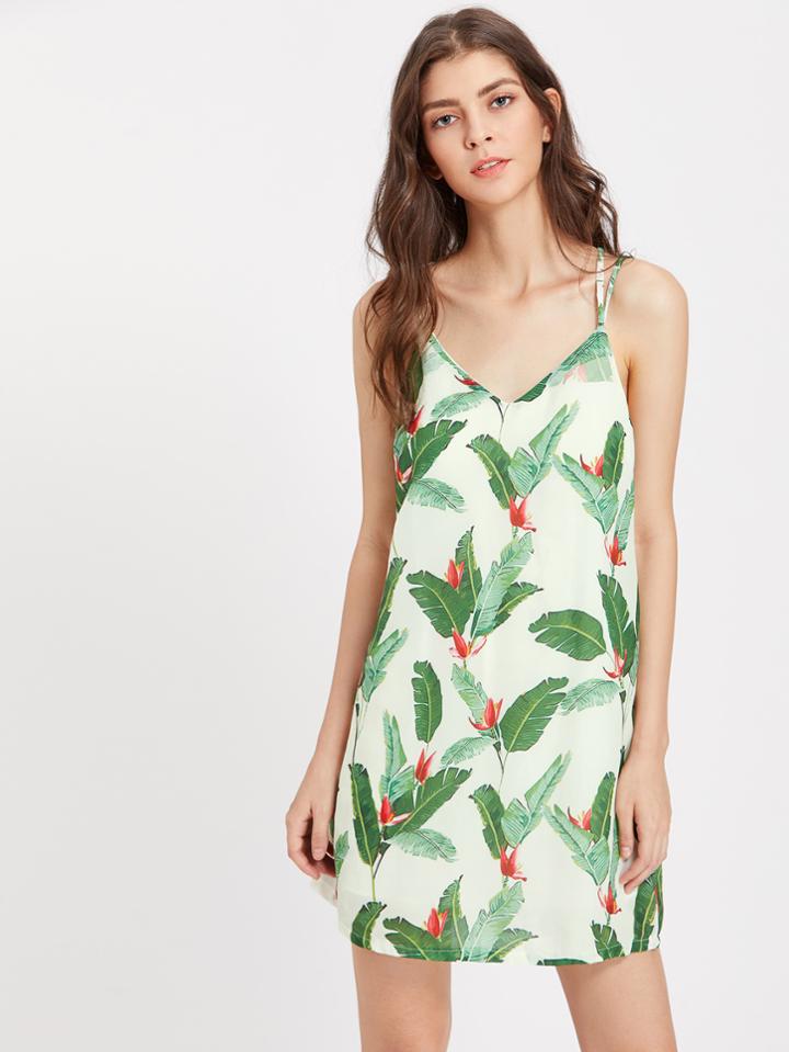Shein Banana Leaf Print Strappy Back Cami Dress