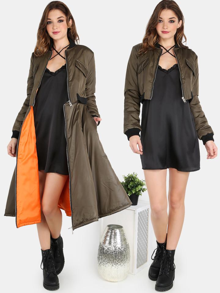 Shein Cropped Bomber Attachable Longline Jacket Olive