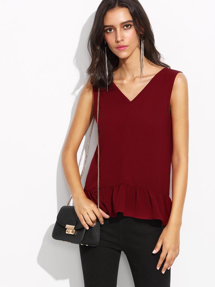 Shein Burgundy Double V Neck Ruffle Hem Sleeveless Top