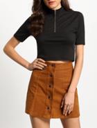 Shein Black Mock Neck Zipper Front Crop T-shirt