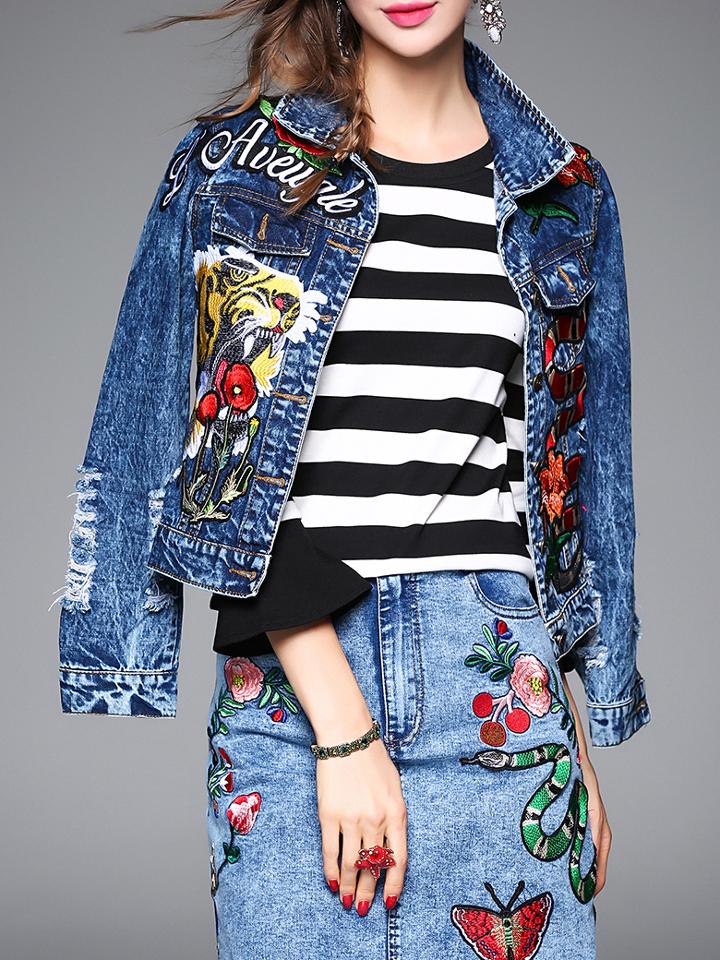 Shein Blue Lapel Tiger Embroidered Denim Coat