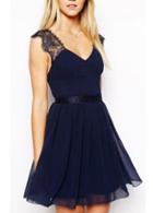Rosewe A Line Design Open Back Navy Blue Mini Dress