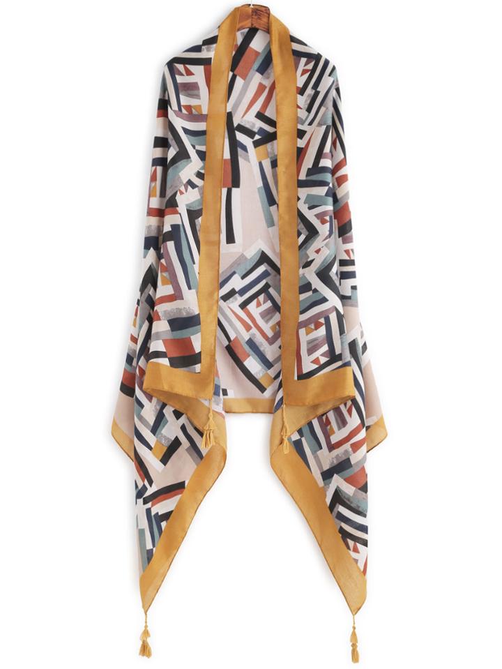 Shein Yellow Edge Geometric Print Tassel Voile Scarf