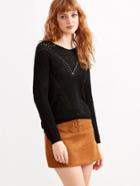 Shein Black Lace Up V Back Eyelet Chevron Knit Sweater