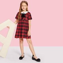 Shein Girls Contrast Collar Plaid Dress