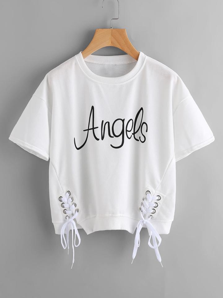 Shein Letter Print Metal Eyelet Lace Up Tee