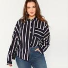 Shein Plus Pocket Patched Striped Buttoned Blouse