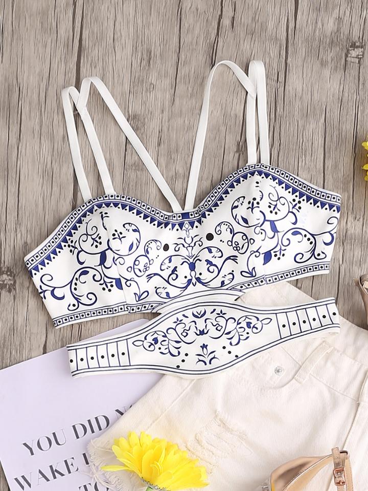 Shein Porcelain Print Cutout Strappy Zip Back Crop Cami Top