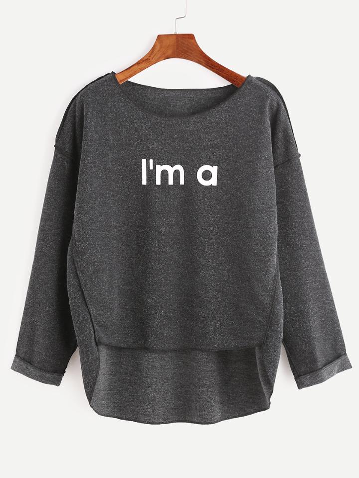 Shein Black Letter Print High Low Slub T-shirt