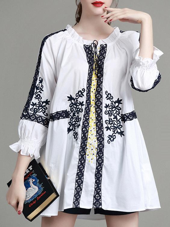 Shein White Tie Neck Ruffle Embroidered Dress