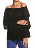 Rosewe Flouncing Decorated Black Round Neck Blouse