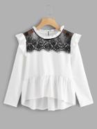 Shein Contrast Eyelash Lace High Low Frill Blouse