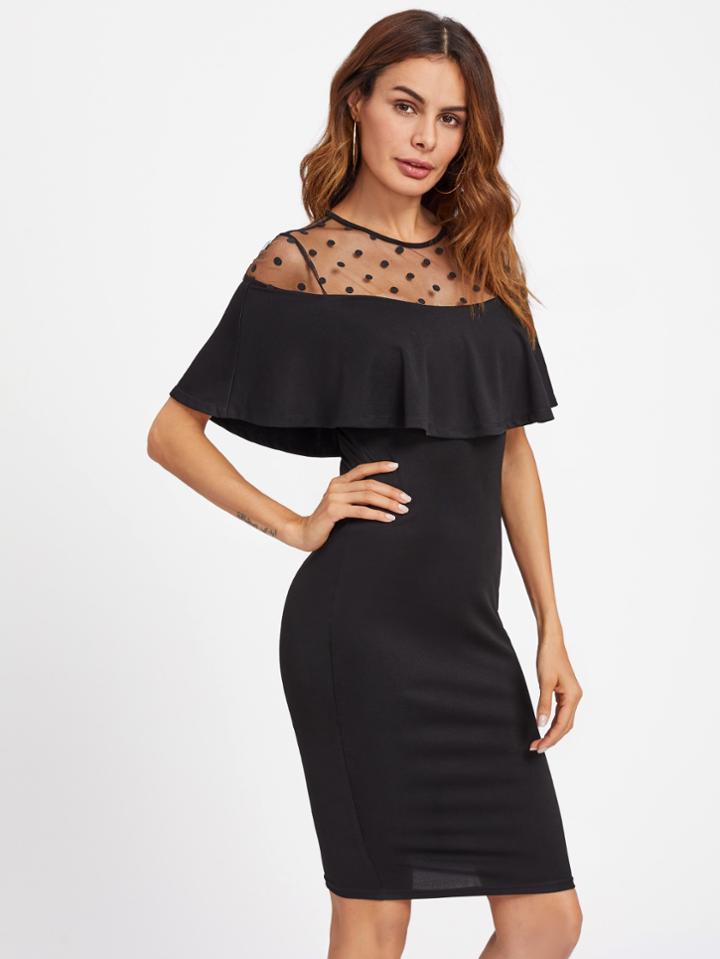 Shein Dot Mesh Neck Flounce Trim Dress