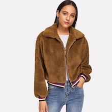 Shein Striped Hem Zip-up Teddy Jacket