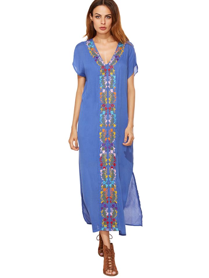 Shein Blue Placement Print Split Side Maxi Dress