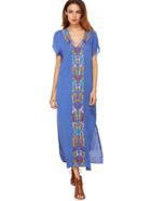 Shein Blue Placement Print Split Side Maxi Dress