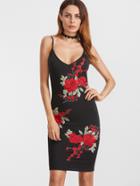 Shein Black Embroidered Rose Applique Scoop Back Cami Bodycon Dress