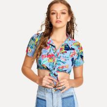 Shein Knot Front Crop Tropical Blouse