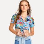 Shein Knot Front Crop Tropical Blouse