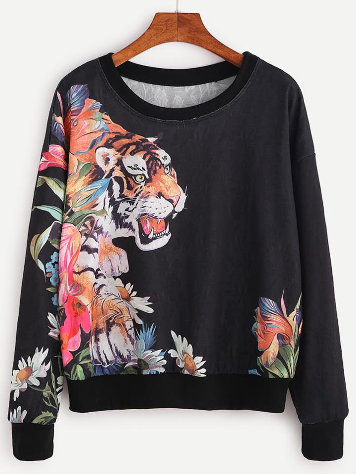 Shein Black Tiger Print Drop Shoulder Sweatshirt
