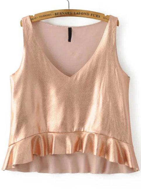 Shein Rose Gold V Neck Ruffle Tank Top