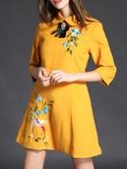 Shein Yellow Lapel Flowers Embroidered Dress