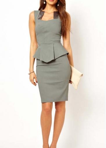 Rosewe Ol Style Square Neckline Frill Design Grey Tight Dress