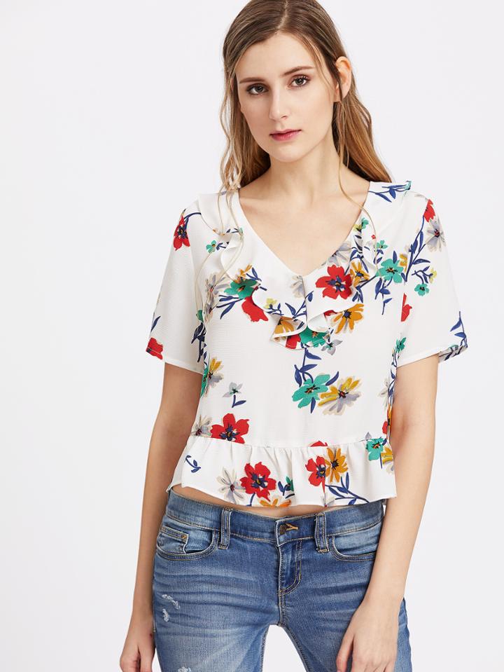 Shein Flower Print Frill Collar And Hem Top