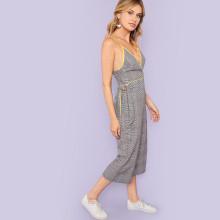 Shein Zip Back Knot Plaid Cami Wide Leg Jumpsuit