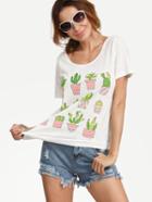 Shein White Potted Plants Print Short Sleeve T-shirt