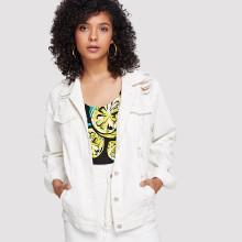 Shein Ripped Solid Button Front Denim Jacket
