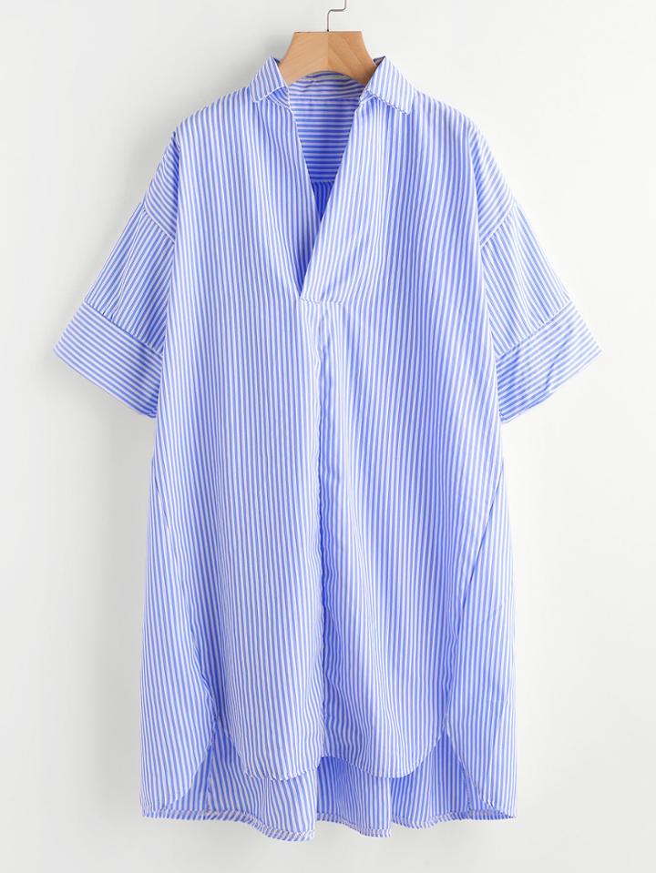 Shein Drop Shoulder Dip Hem Striped Shirt Dress