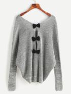 Shein Grey Double V Neck Bow Back Slub Sweater