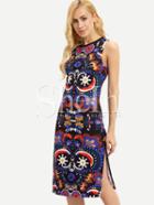 Shein Multicolor Crew Neck Floral Print Side Split Dress