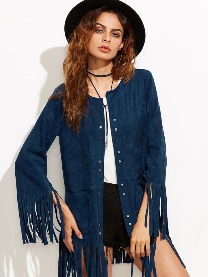 Shein Blue Faux Suede Button Up Fringe Jacket