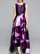 Shein Purple Sleeveless High Low Print Maxi Dress