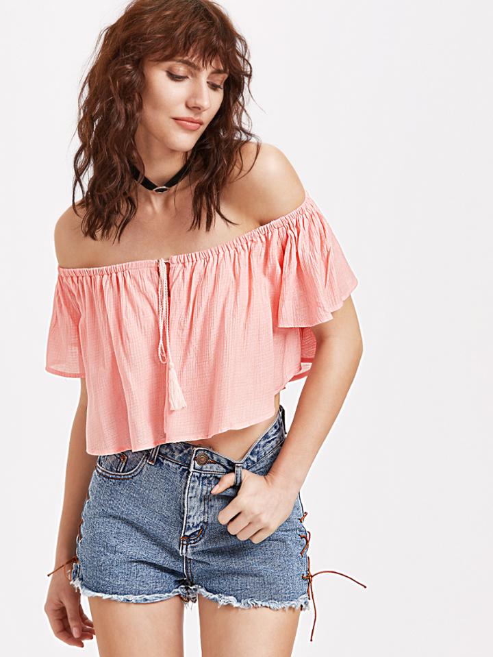 Shein Pink Off The Shoulder Tassel Tie Top