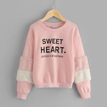 Shein Girls Faux Fur Contrast Letter Print Pullover