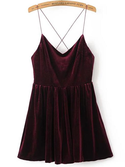 Shein Burgundy Spaghetti Strap Cross Back Velvet Romper