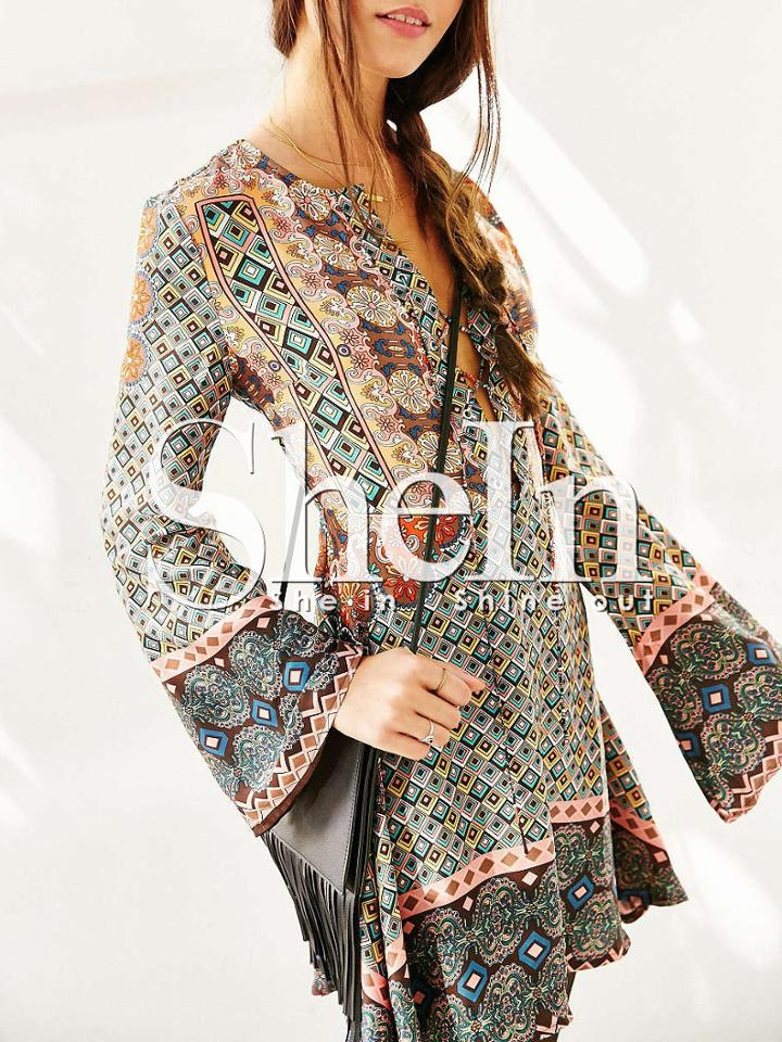 Shein Aztec Print Deep V Neck Dress