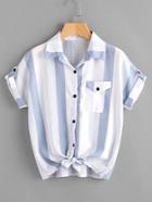 Shein Contrast Striped Roll Tab Sleeve Knotted Hem Shirt
