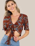 Shein Flower Print Crop Top With Neck Tie