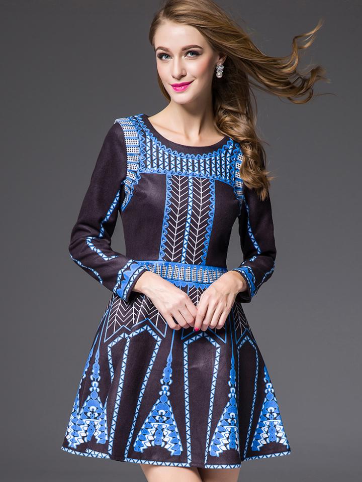 Shein Blue Black Round Neck Long Sleeve Print Dress
