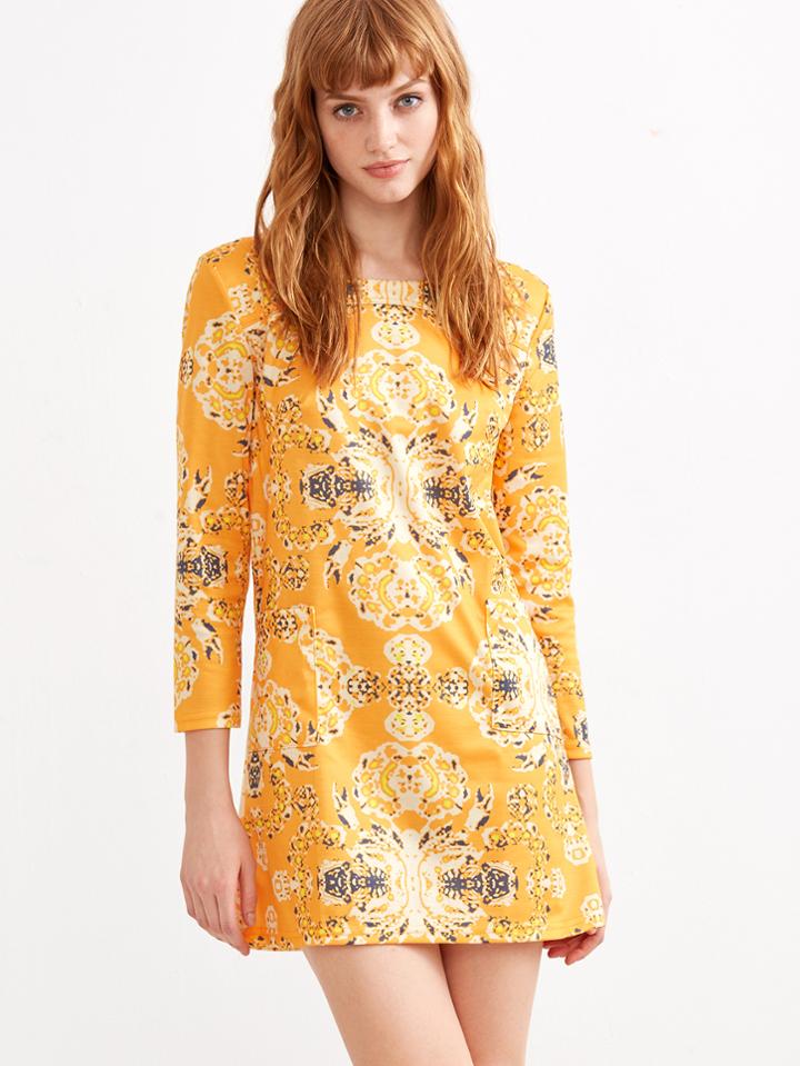 Shein Yellow Vintage Print Pocket Dress