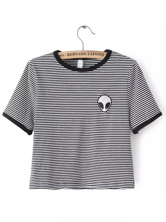 Shein Black White Crew Neck Striped Alien Print Crop T-shirt