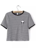 Shein Black White Crew Neck Striped Alien Print Crop T-shirt