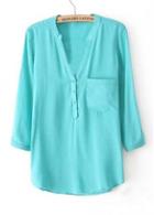 Rosewe Spring Fresh Button Decoration V Neck Green Blouse